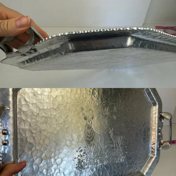 Vtg Deer‎ Geese Trade Continental Hand Wrought Hammered Aluminum Tray w Handles - Picture 8 of 11